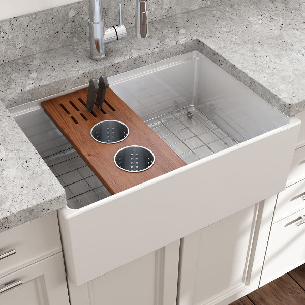 BOCCHI 2320 0009 Wood Board with 2 Round Stainless Steel Bowls & Knife Holder