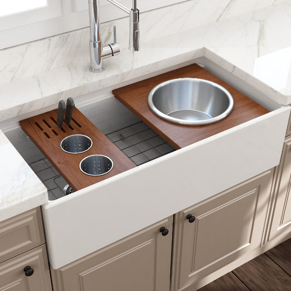 BOCCHI 2320 0009 Wood Board with 2 Round Stainless Steel Bowls & Knife Holder