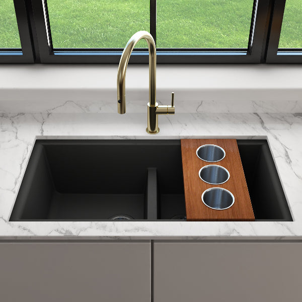 BOCCHI 2320 0010 Wood Board with 3 Round Stainless Steel Bowls