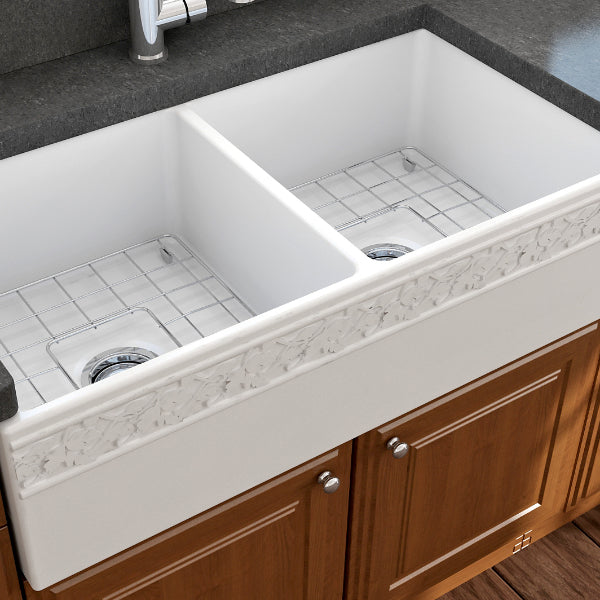Bocchi Vigneto 36" Matte White Fireclay Double Bowl Farmhouse Sink w/ Grid