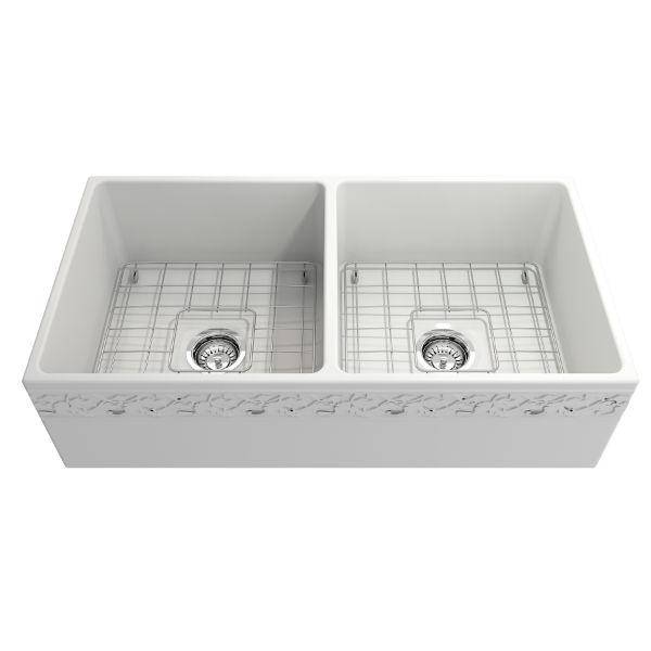 Bocchi Vigneto 36" Matte White Fireclay Double Bowl Farmhouse Sink w/ Grid - Annie & Oak