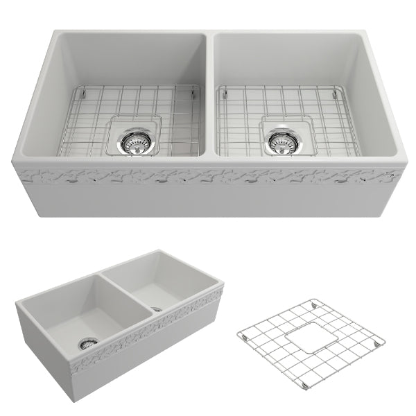 Bocchi Vigneto 36" Matte White Fireclay Double Bowl Farmhouse Sink w/ Grid