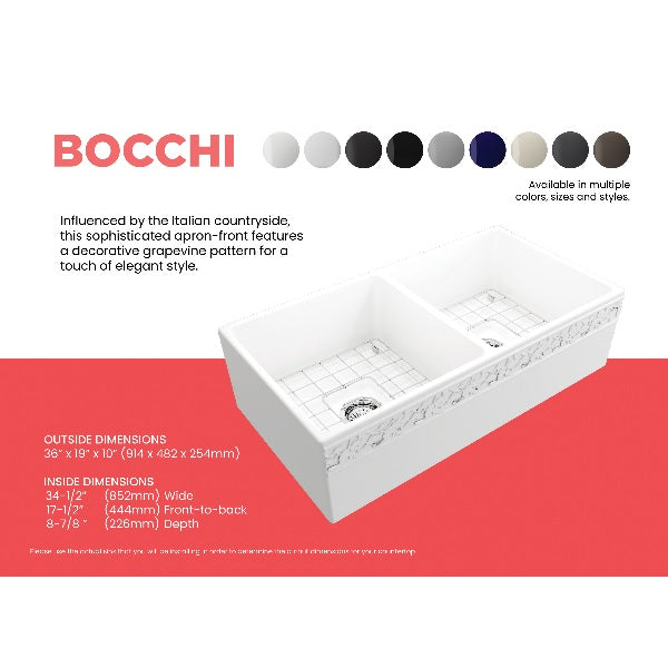 Bocchi Vigneto 36" Matte White Fireclay Double Bowl Farmhouse Sink w/ Grid