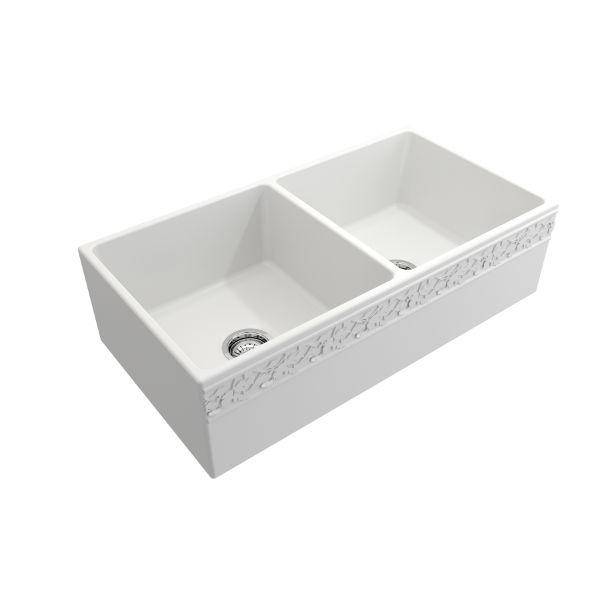 Bocchi Vigneto 36" Matte White Fireclay Double Bowl Farmhouse Sink w/ Grid - Annie & Oak