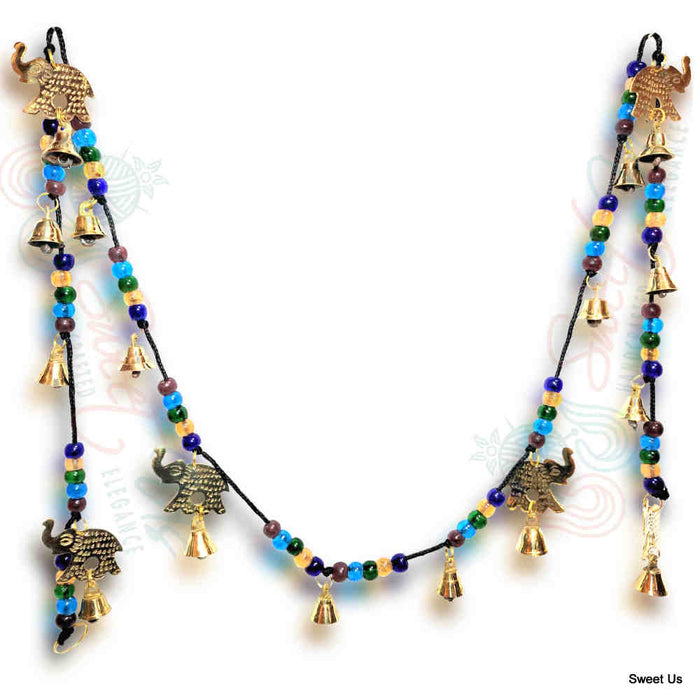 Polished Brass Decorative Elephants, Colorful Beads, Vintage Bells on a String - Sweet Us