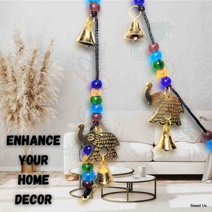 Polished Brass Decorative Elephants, Colorful Beads, Vintage Bells on a String - Sweet Us