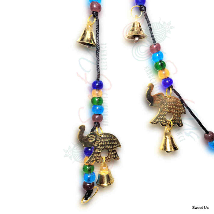 Polished Brass Decorative Elephants, Colorful Beads, Vintage Bells on a String - Sweet Us