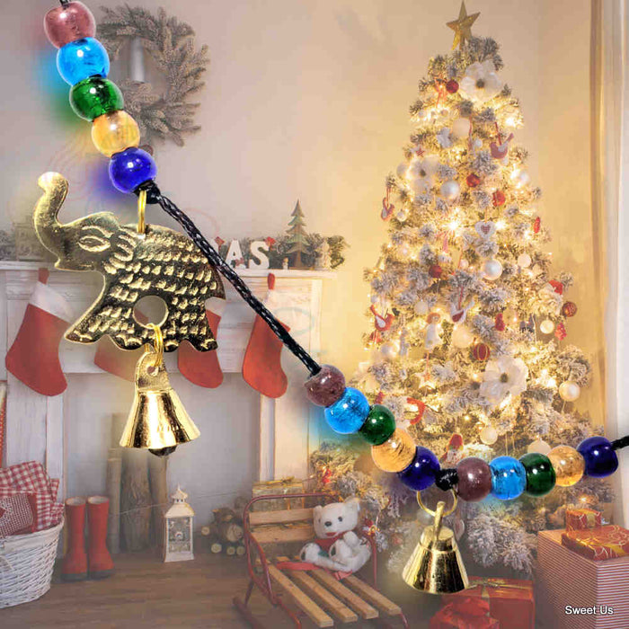 Polished Brass Decorative Elephants, Colorful Beads, Vintage Bells on a String - Sweet Us