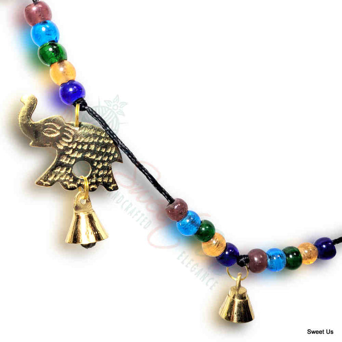 Polished Brass Decorative Elephants, Colorful Beads, Vintage Bells on a String - Sweet Us