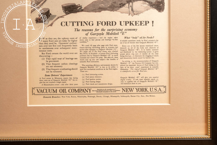c. 1920 Framed Vacuum Oil Gargoyle Ford Upkeep Ad
