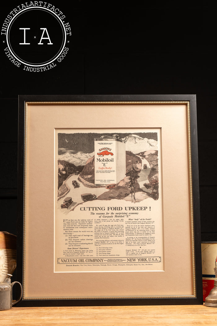 c. 1920 Framed Vacuum Oil Gargoyle Ford Upkeep Ad