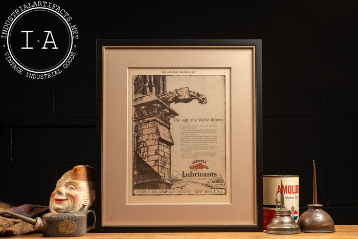 c. 1920 Framed Vacuum Oil Gargoyle Lithographic Ad