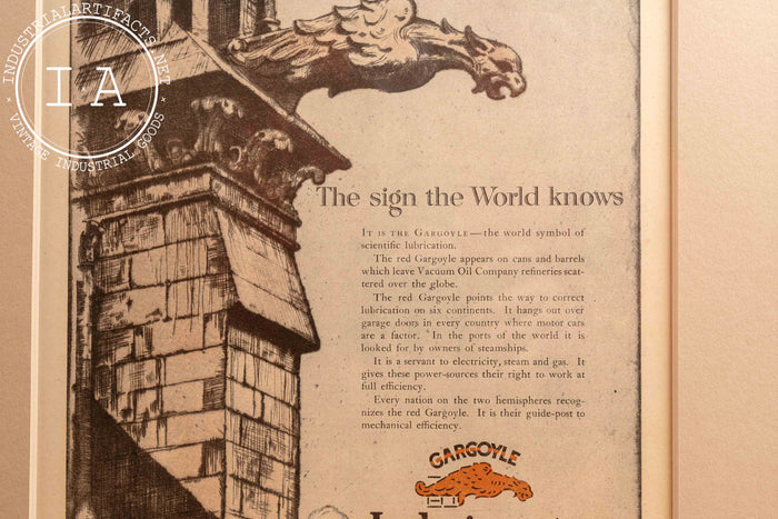 c. 1920 Framed Vacuum Oil Gargoyle Lithographic Ad