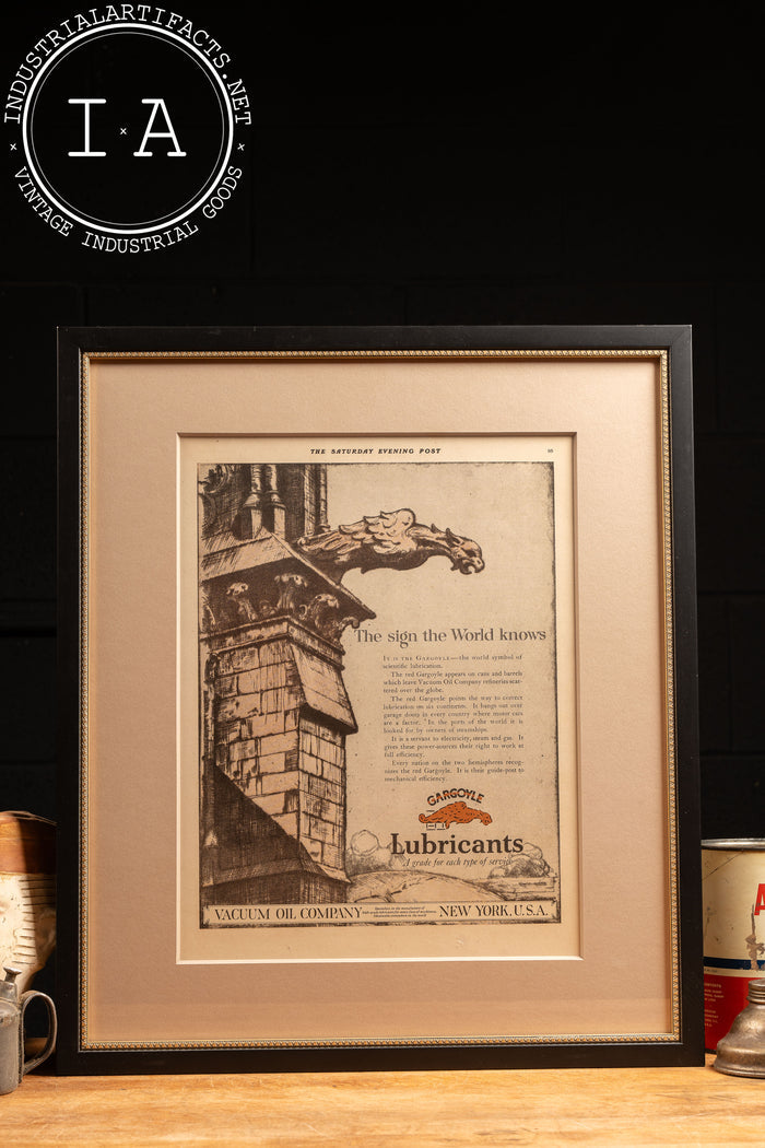 c. 1920 Framed Vacuum Oil Gargoyle Lithographic Ad