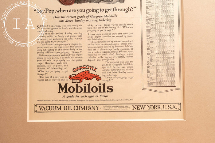 c. 1925 Framed Vacuum Oil Co Gargoyle Mobiloils Ad