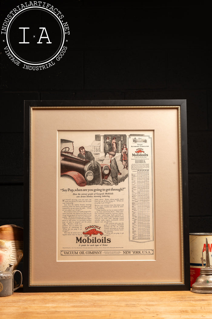 c. 1925 Framed Vacuum Oil Co Gargoyle Mobiloils Ad