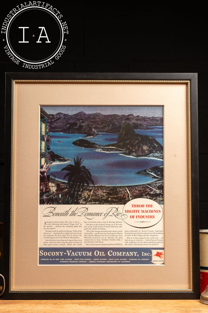 c. 1930 Framed Socony Vacuum Romance Of Rio Ad