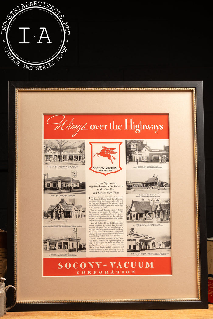 c. 1930 Framed Socony Vacuum Wings Over The Highways Ad
