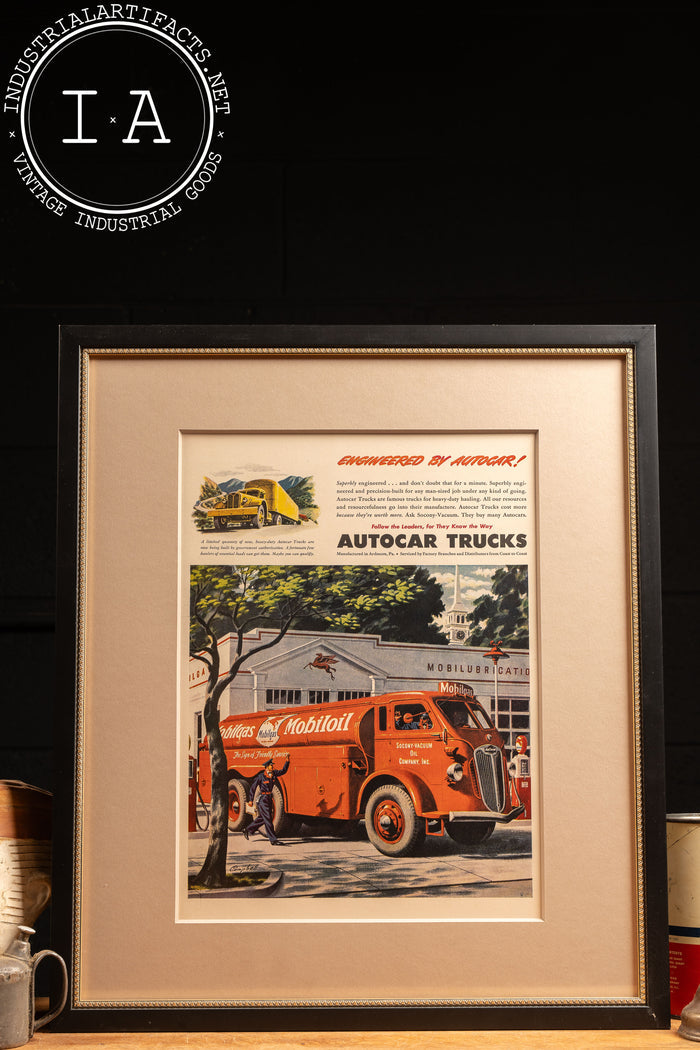 c. 1945 Framed Socony Vacuum Mobiloil Autocar Ad