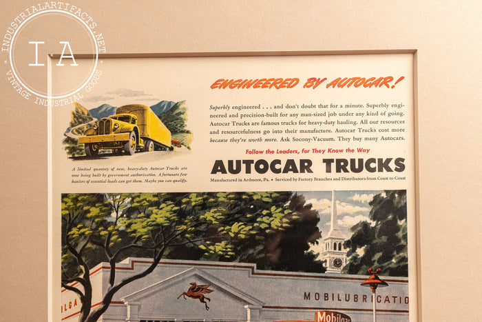 c. 1945 Framed Socony Vacuum Mobiloil Autocar Ad