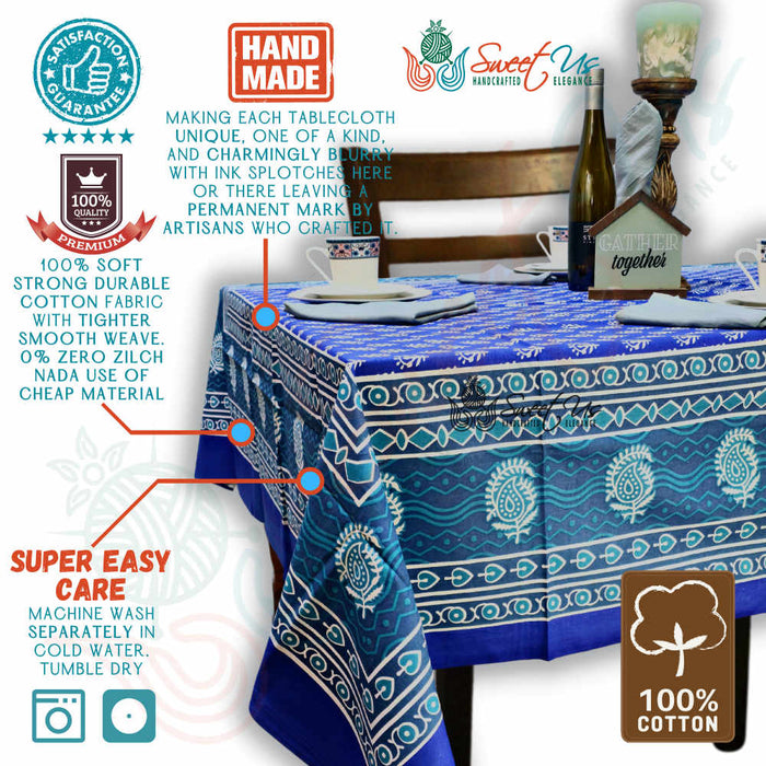 Calla Paisley Floral Cotton Tablecloth Rectangle, Blue Coast - Sweet Us