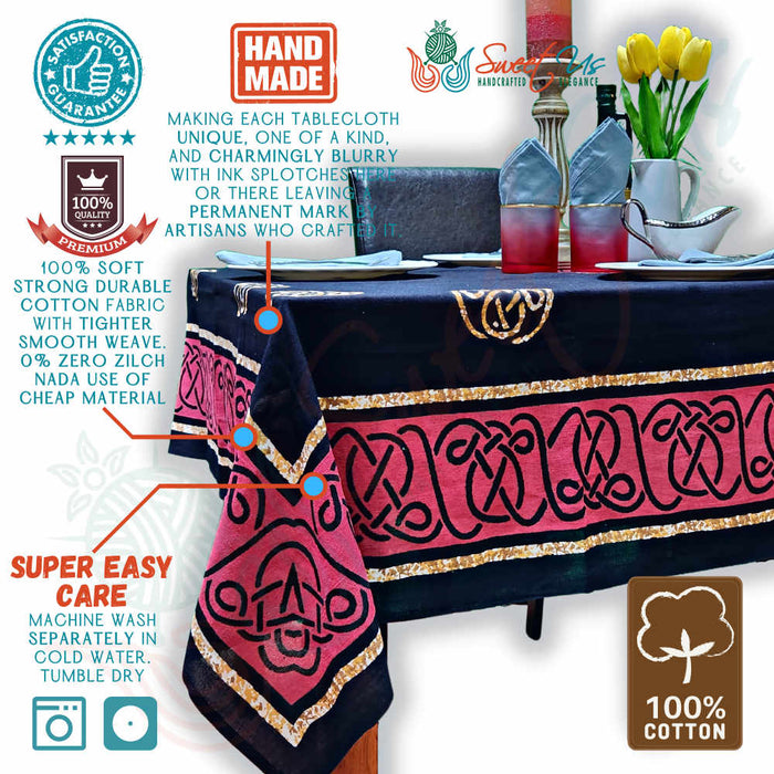 Large Cotton Celtic Tablecloth Rectangle, Red Black - Sweet Us
