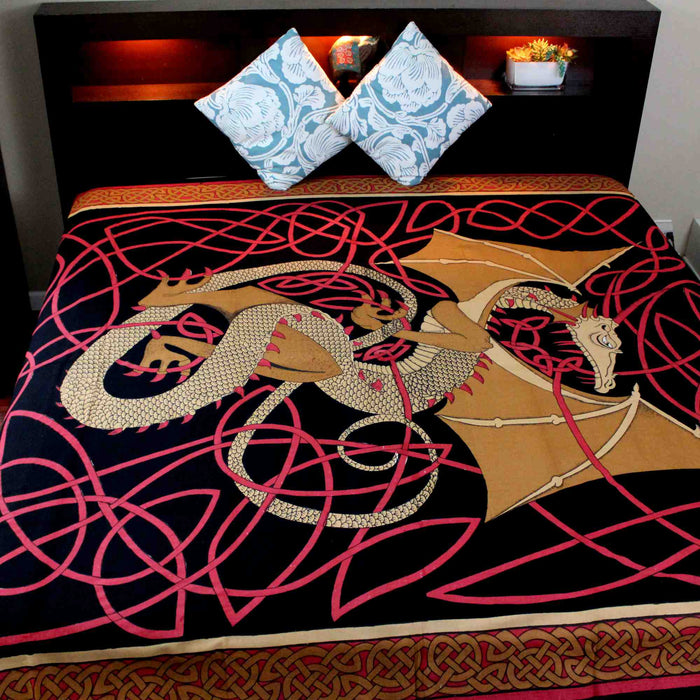 Cotton Celtic Dragon Tapestry Tablecloth Thin Bedspread Twin Full Red - Sweet Us