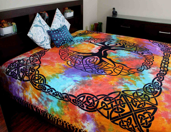 Celtic Tapestry Tree of life Cotton Bedspread with Fringes - Twin Full - Sweet Us