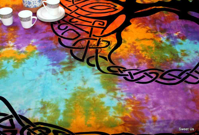 Cotton Tree of life Tablecloth Rectangle Celtic Tie-Dye Spread Fringe - Sweet Us