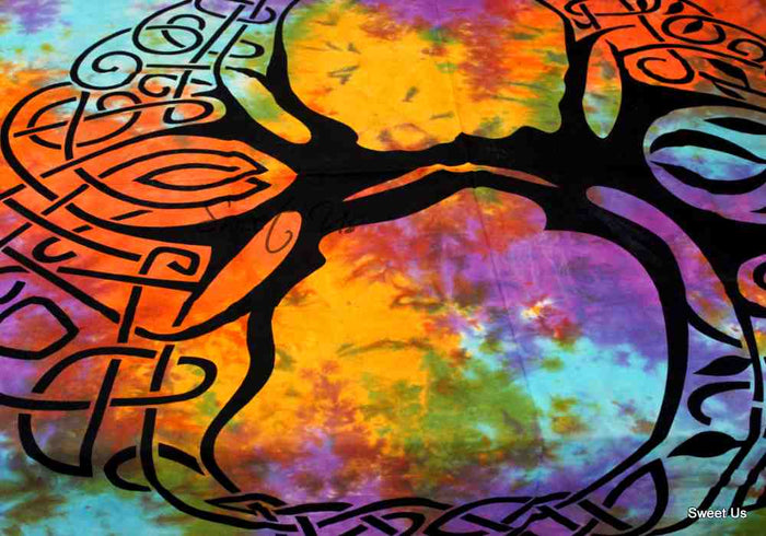 Cotton Tree of life Tablecloth Rectangle Celtic Tie-Dye Spread Fringe - Sweet Us
