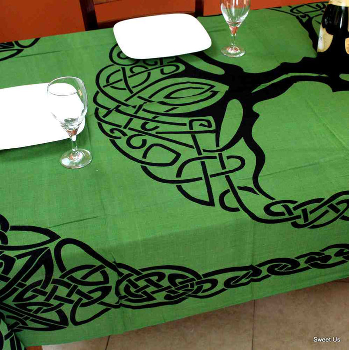 Celtic Tree of Life Lightweight Hand?Loomed Cotton Tablecloth — Evergreen Knotwork - Sweet Us