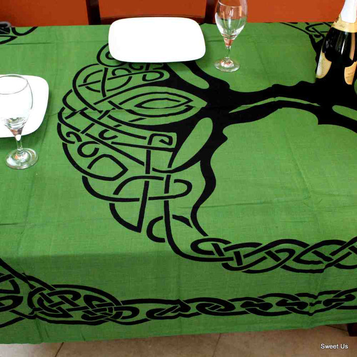Celtic Tree of Life Lightweight Hand?Loomed Cotton Tablecloth — Evergreen Knotwork - Sweet Us