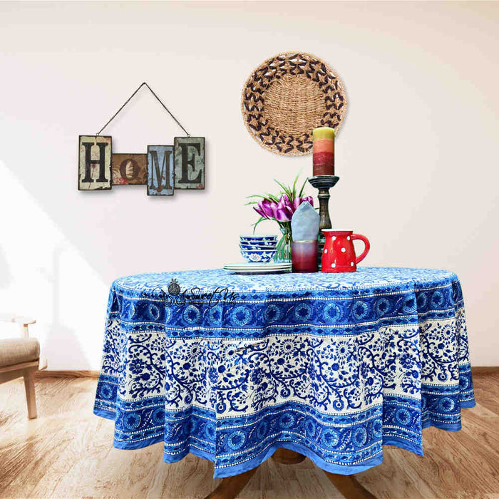 Begonia Floral Block Print Cotton Tablecloth Collection, Tiffany Blue - Sweet Us