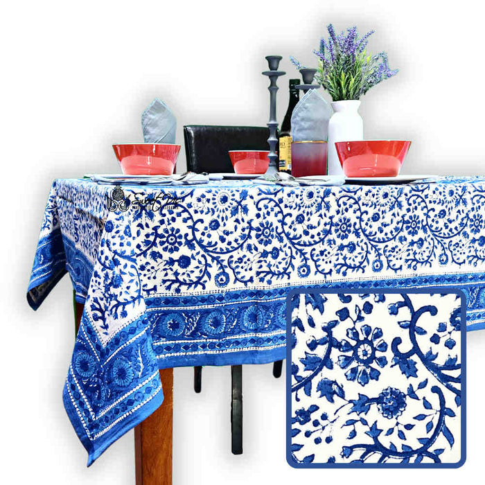 Begonia Floral Block Print Cotton Tablecloth Collection, Tiffany Blue - Sweet Us