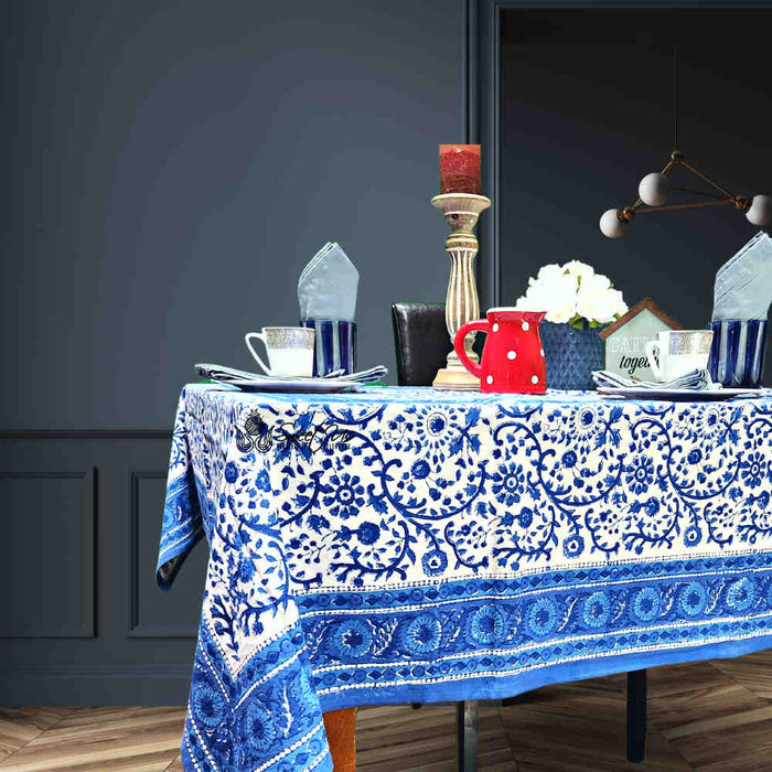 Begonia Floral Block Print Cotton Tablecloth Collection, Tiffany Blue - Sweet Us