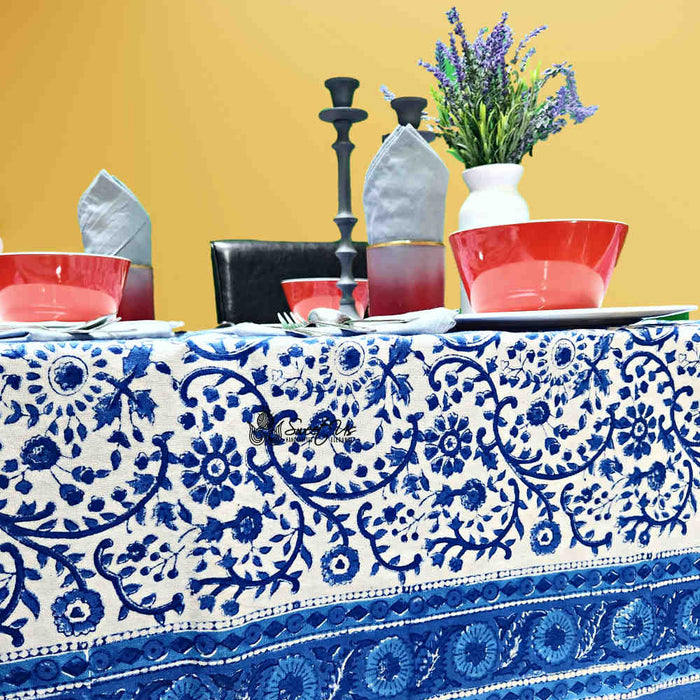 Begonia Floral Block Print Cotton Tablecloth Collection, Tiffany Blue - Sweet Us