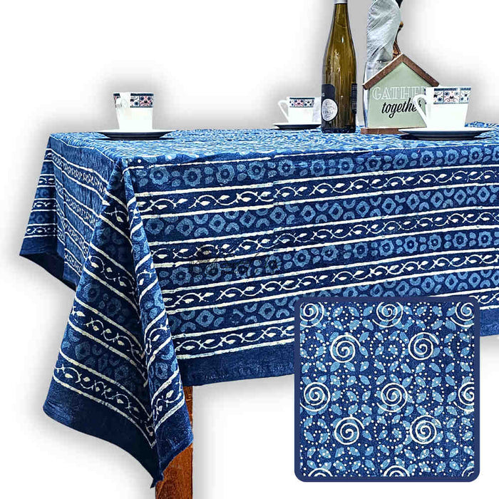 Chiara Eternity Cotton Hand Block Print Tablecloth Rectangle, Indigo Blue - Sweet Us