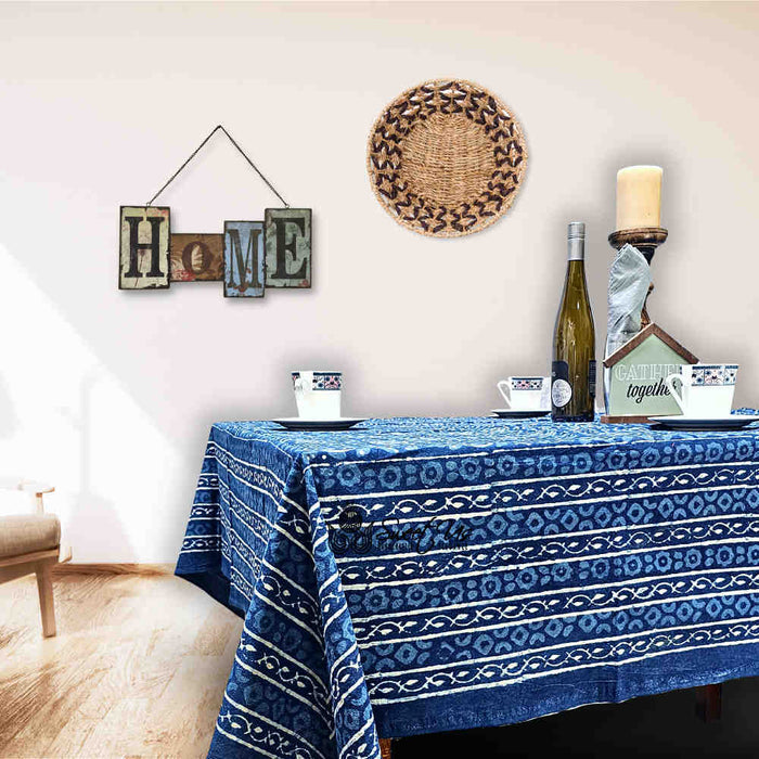 Chiara Eternity Cotton Hand Block Print Tablecloth Rectangle, Indigo Blue - Sweet Us