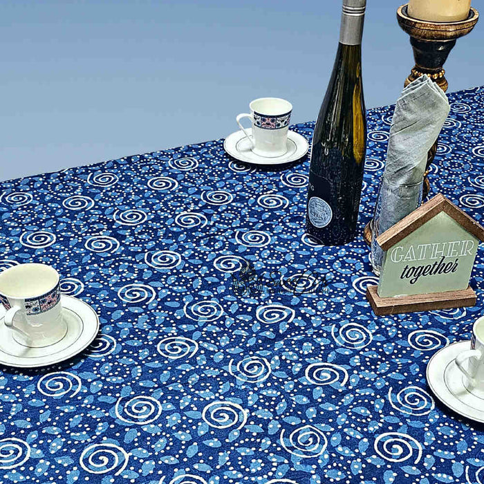 Chiara Eternity Cotton Hand Block Print Tablecloth Rectangle, Indigo Blue - Sweet Us