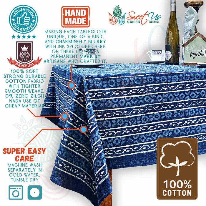 Chiara Eternity Cotton Hand Block Print Tablecloth Rectangle, Indigo Blue - Sweet Us