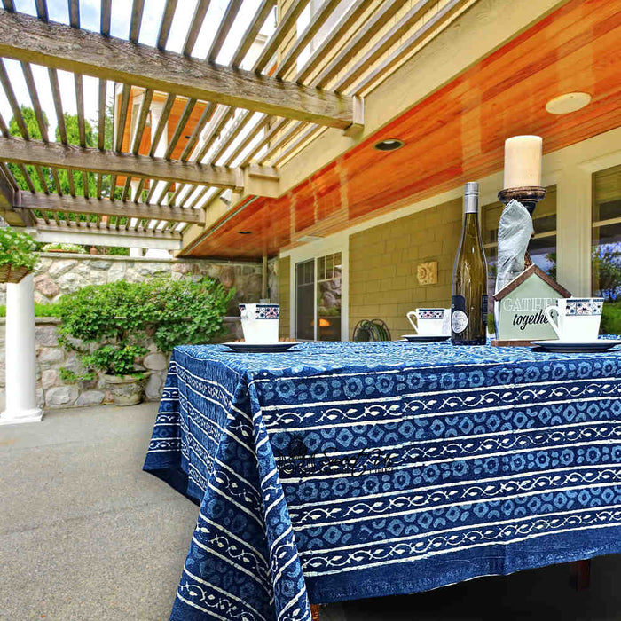 Chiara Eternity Cotton Hand Block Print Tablecloth Rectangle, Indigo Blue - Sweet Us