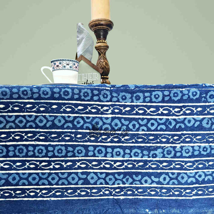 Chiara Eternity Cotton Hand Block Print Tablecloth Rectangle, Indigo Blue - Sweet Us