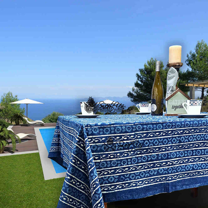 Chiara Eternity Cotton Hand Block Print Tablecloth Rectangle, Indigo Blue - Sweet Us