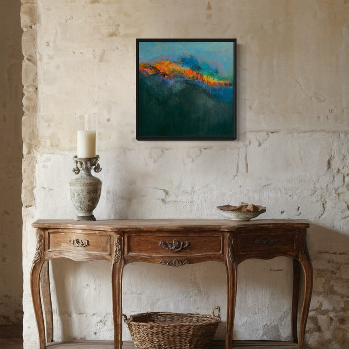 The artwork 'Chromatic Horizons' by Janyce Erlich-Moss features a vibrant abstract landscape with a dramatic emerald green base meeting a luminous band of fiery orange and turquoise blues across the horizon. The acrylic painting on canvas showcases expressive brushstrokes and rich color contrasts, creating a dynamic modern interpretation of a sunset or mountain vista.