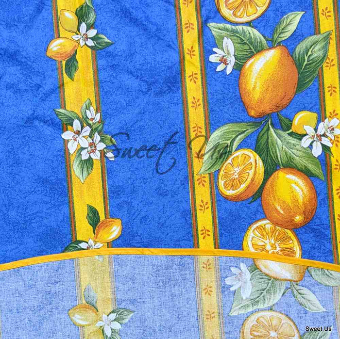 Le Citron Wipeable Acrylic Coated Cotton Tablecloth Round, 60 inches, Bleu - Sweet Us