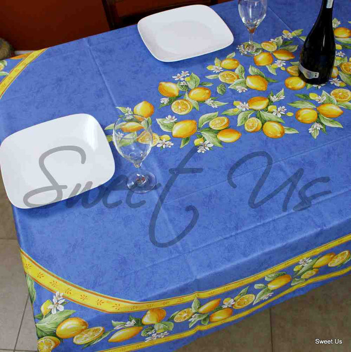Le Citron Coated French Tablecloth Rectangle, Bleu - Sweet Us