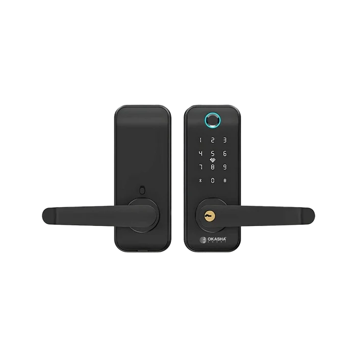 Okasha Smart Classic door lock front and back view with fingerprint keypad password and key access for home security in Pakistan