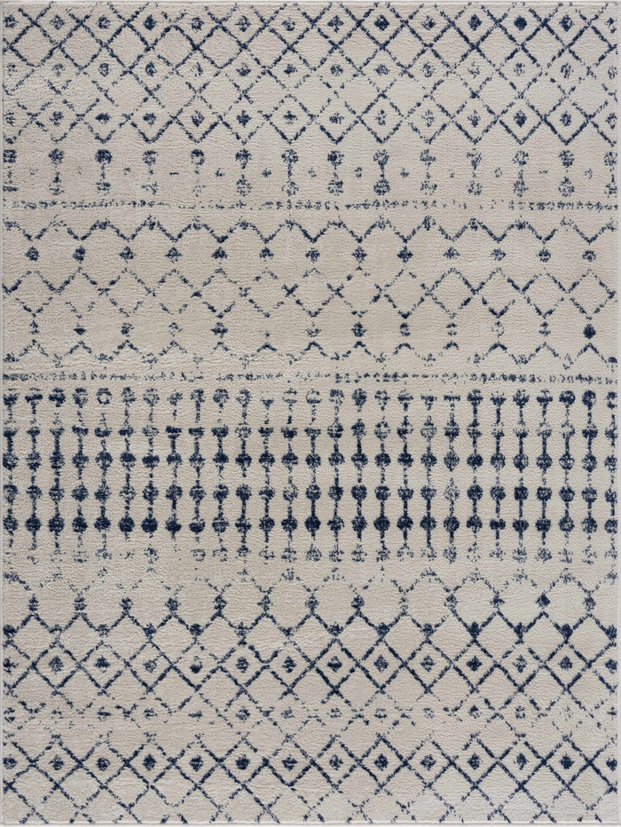 Contemporary Ivory and Blue Tribal Trellis Medium pile Area Rug - The Rug Decor