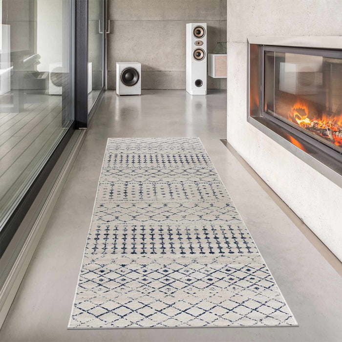 Contemporary Ivory and Blue Tribal Trellis Medium pile Area Rug - The Rug Decor