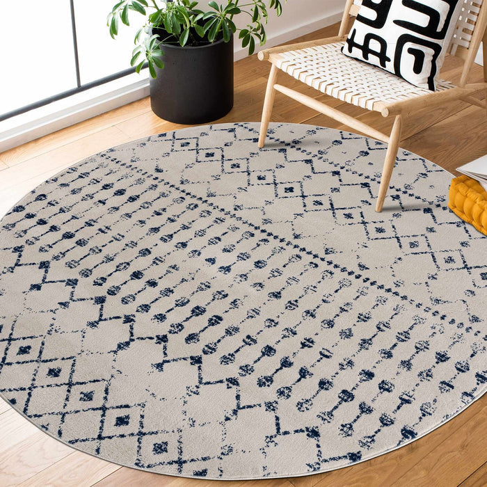 Contemporary Ivory and Blue Tribal Trellis Medium pile Area Rug - The Rug Decor